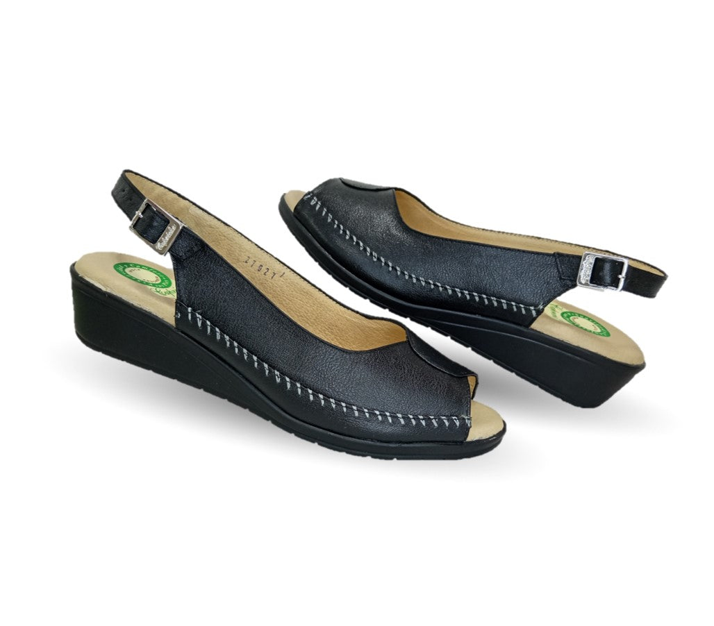 Sandalia de Confort de piel de ternera con Shock Point Capricho 27027 Negro para mujer
