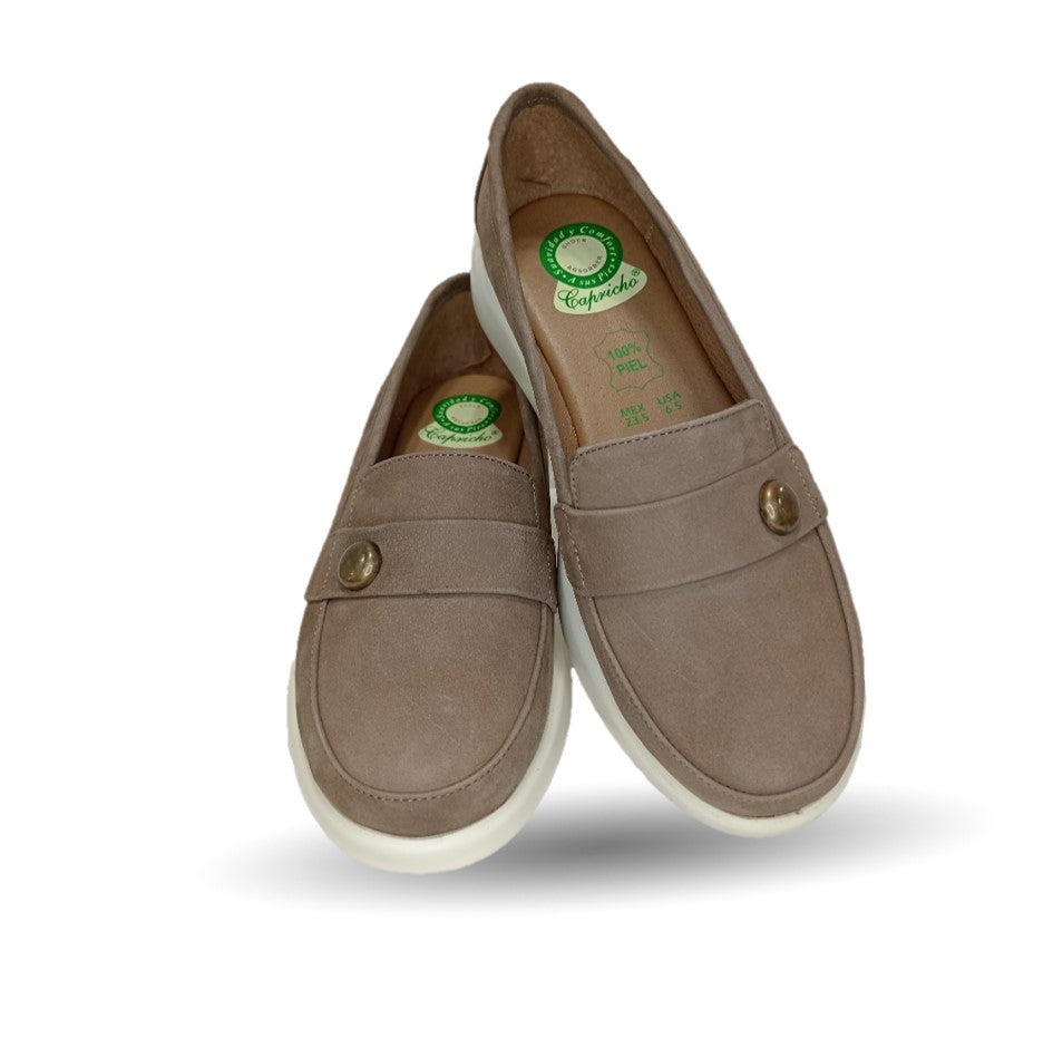 Zapato de Confort y Casual tipo mocasín de piel de ternera con Shock Point Capricho 86010 Nuez para mujer