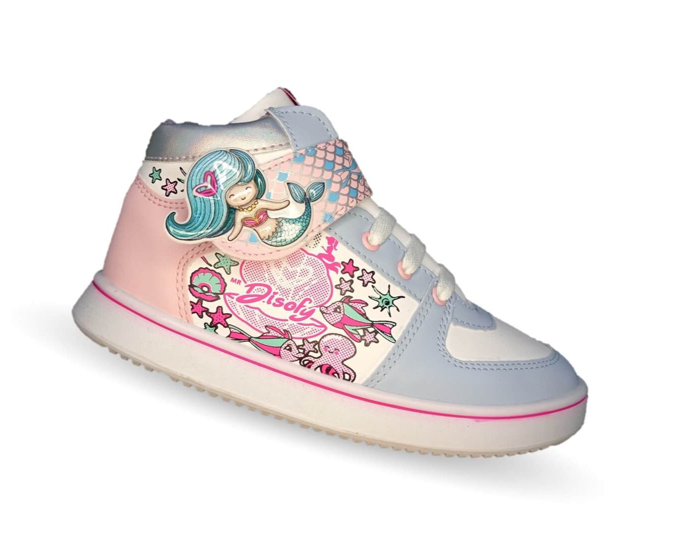 Tenis Urbano tipo Bota con agujetas y contactel Diselfy 120 Azul/Blanco para niña