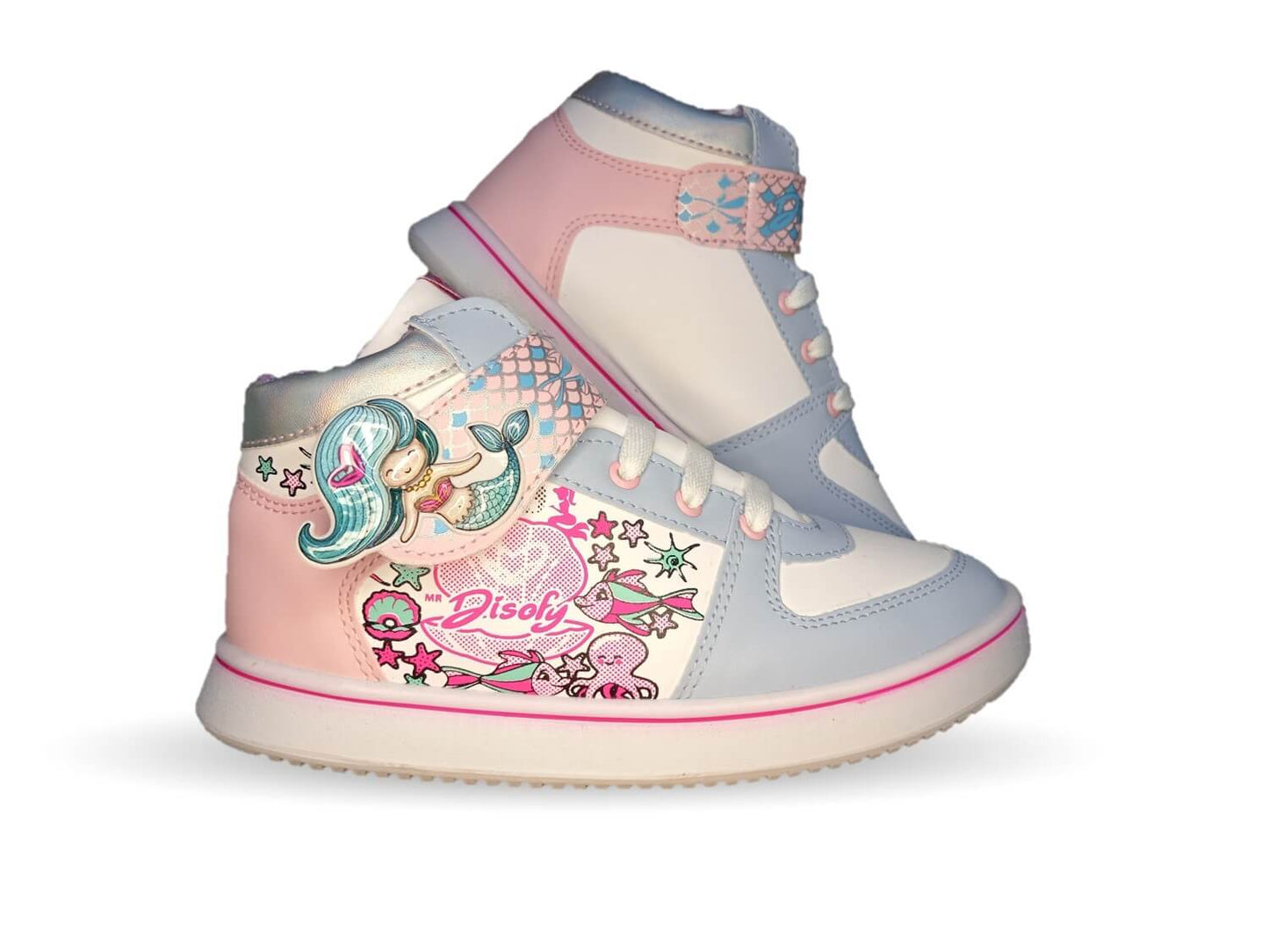 Tenis Urbano tipo Bota con agujetas y contactel Diselfy 120 Azul/Blanco para niña