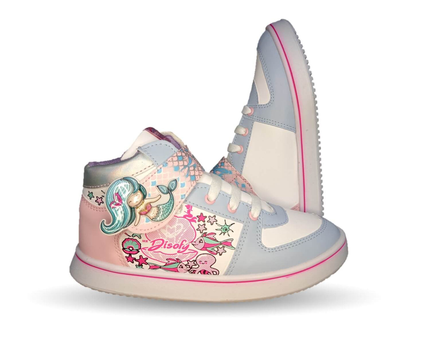 Tenis Urbano tipo Bota con agujetas y contactel Diselfy 120 Azul/Blanco para niña