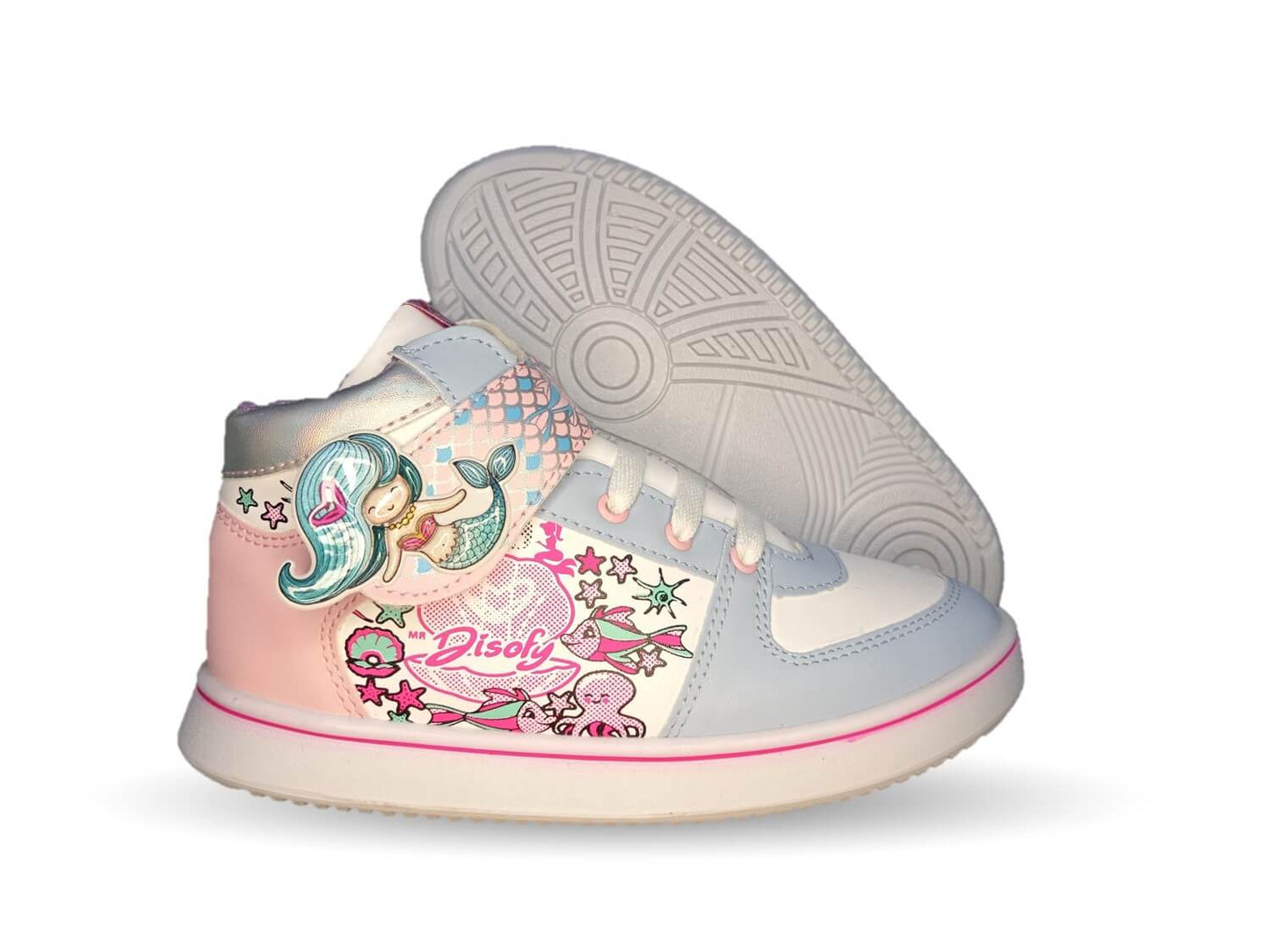 Tenis Urbano tipo Bota con agujetas y contactel Diselfy 120 Azul/Blanco para niña