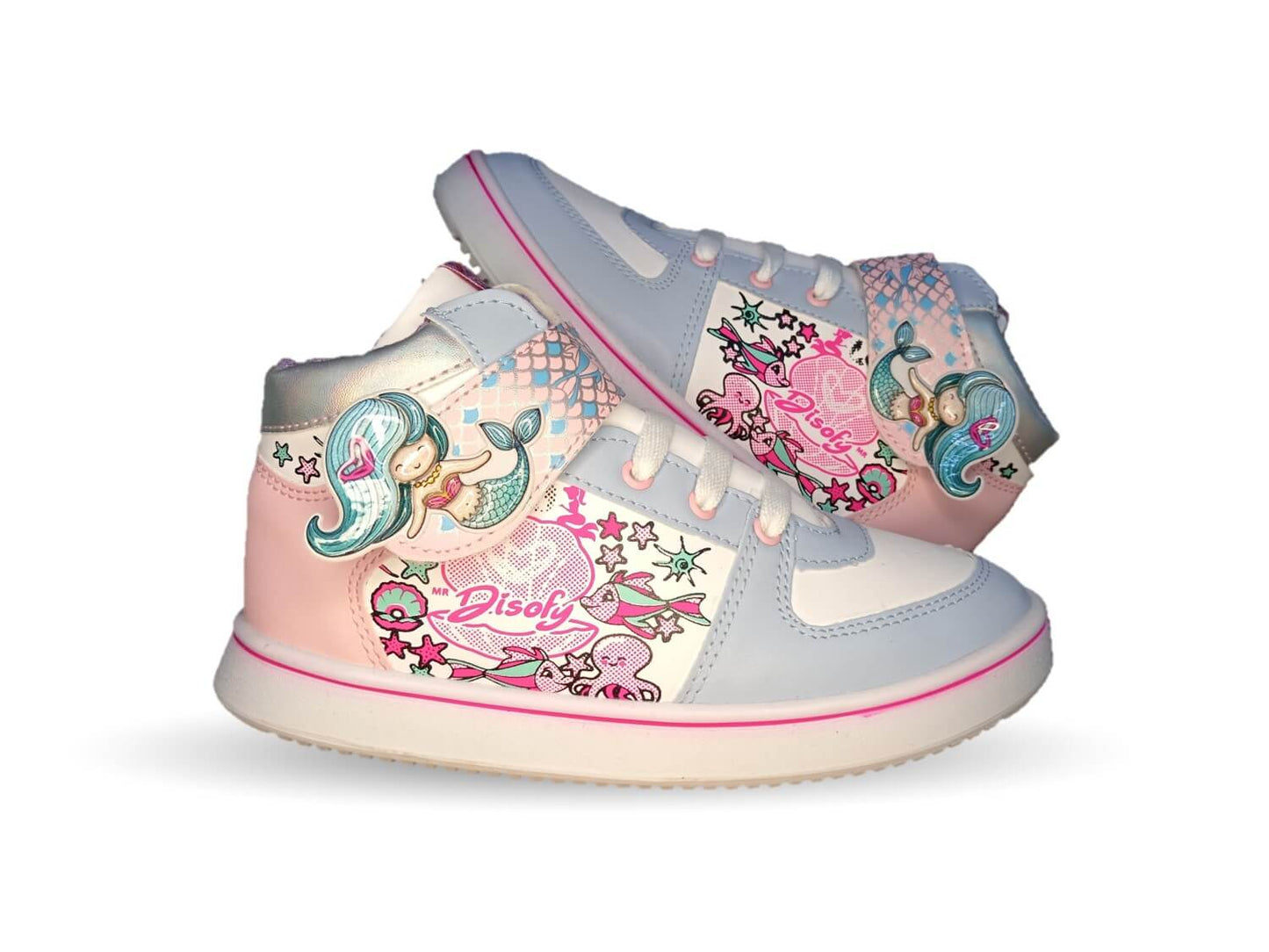 Tenis Urbano tipo Bota con agujetas y contactel Diselfy 120 Azul/Blanco para niña