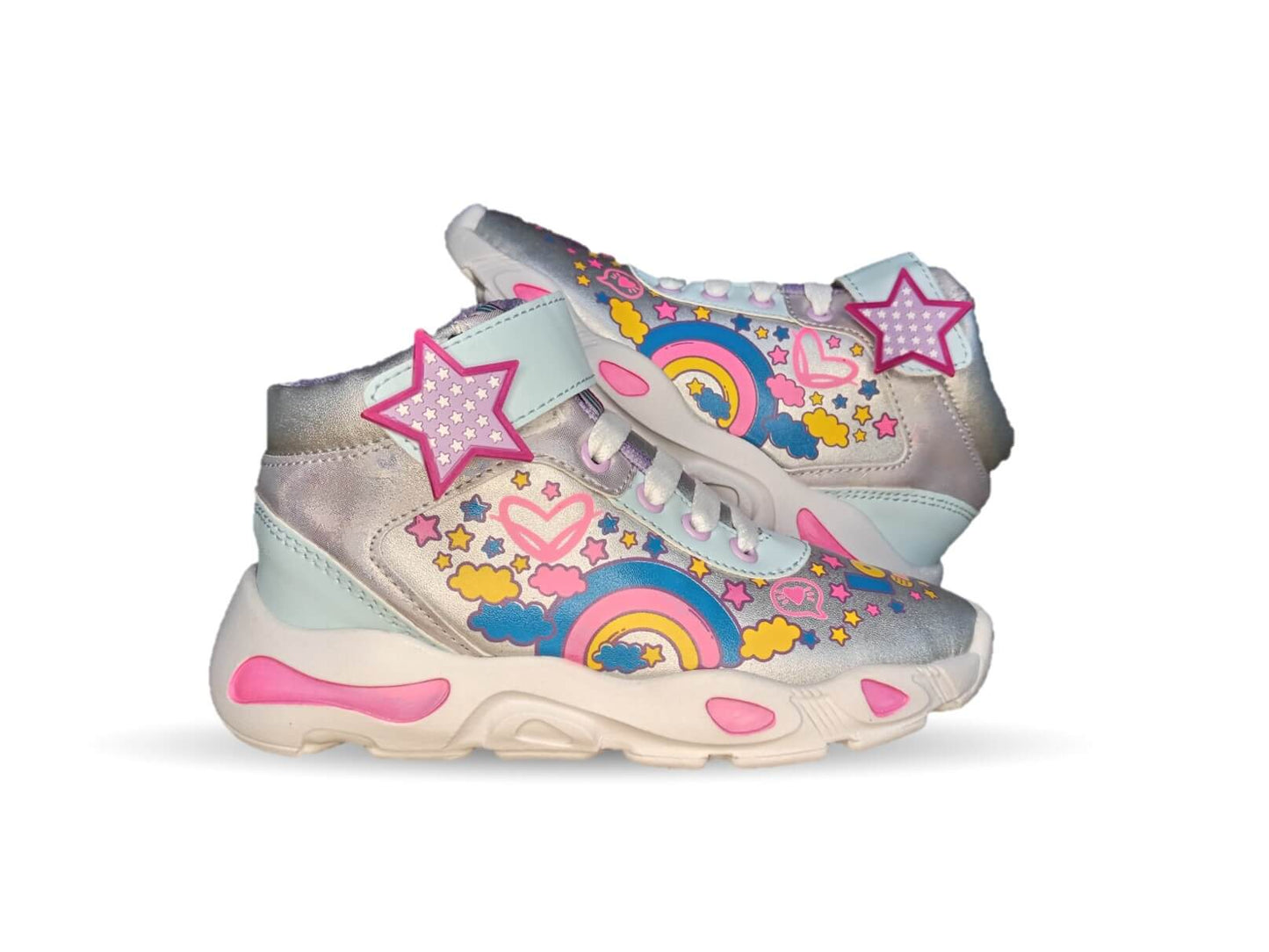 Tenis Urbano tipo Bota con agujetas y contactel Diselfy 130 Plata/Azul para niña