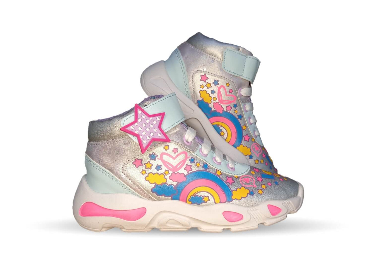 Tenis Urbano tipo Bota con agujetas y contactel Diselfy 130 Plata/Azul para niña
