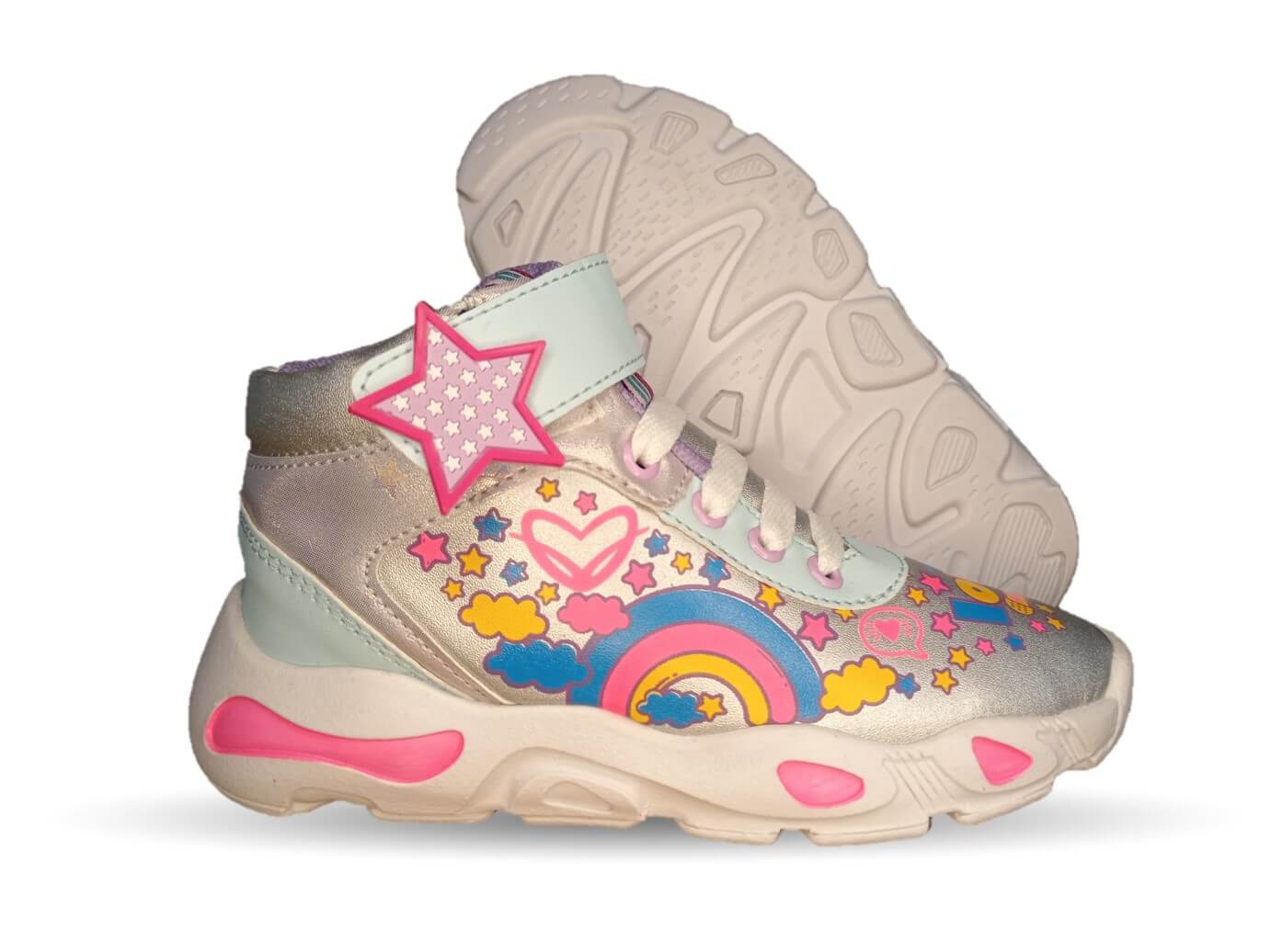 Tenis Urbano tipo Bota con agujetas y contactel Diselfy 130 Plata/Azul para niña