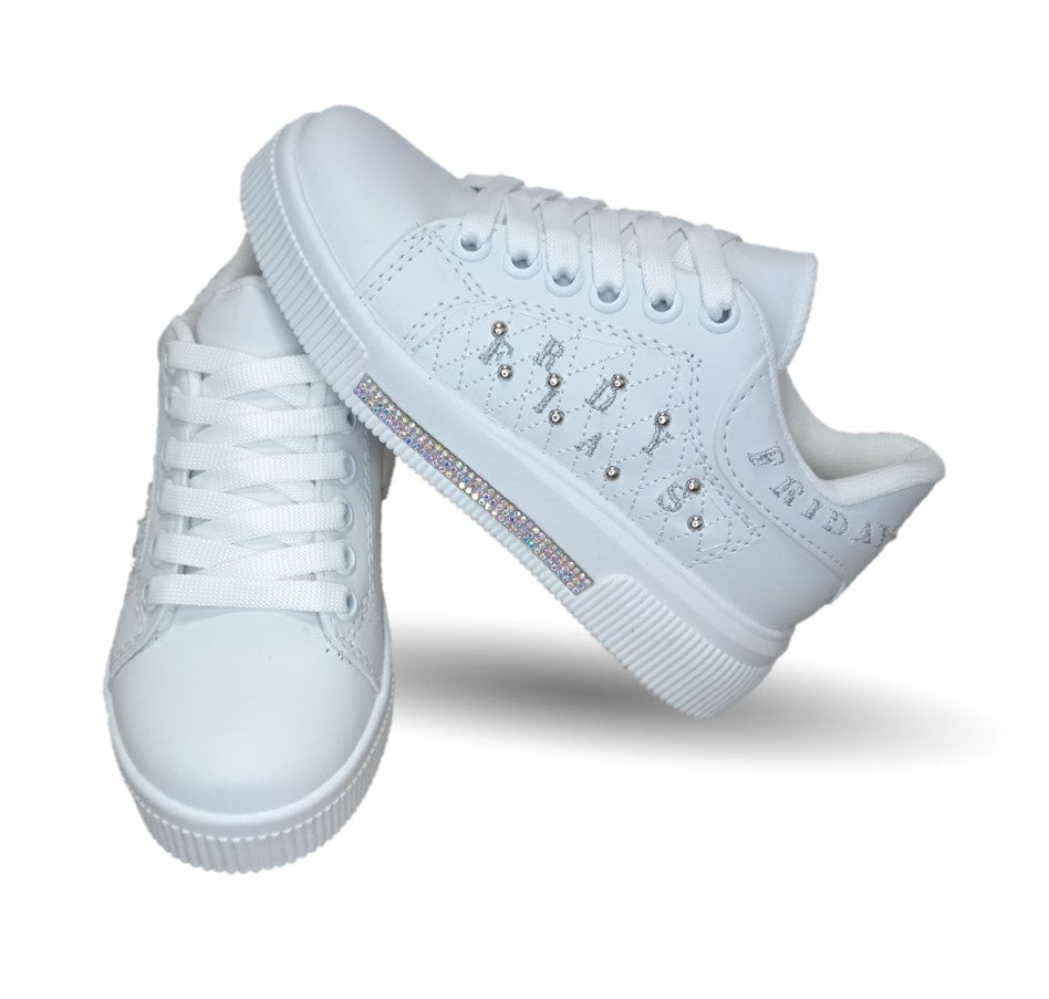 Tenis Urbano y Escolar con agujetas Fridays 404 Blanco/Plata para niña