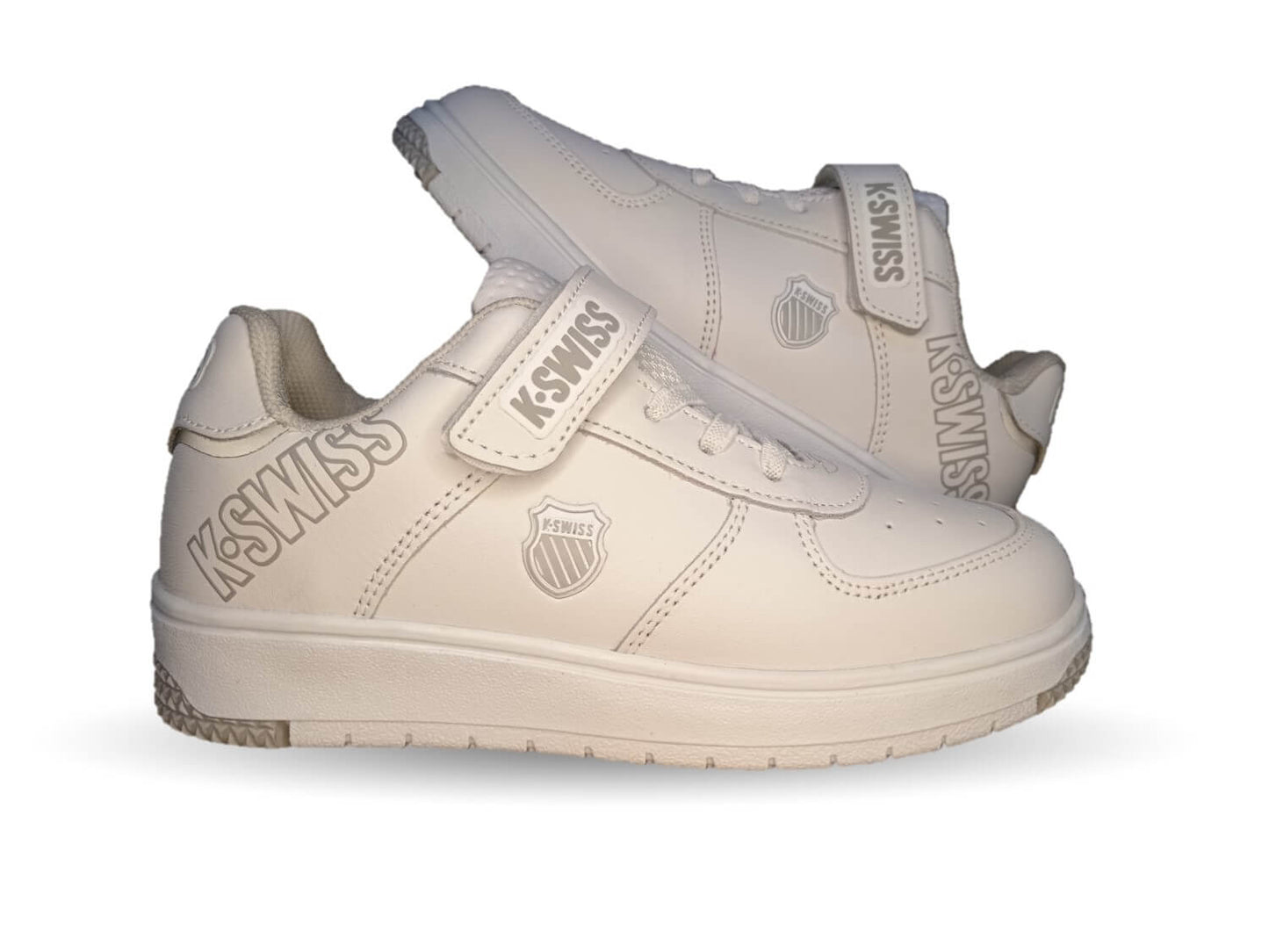 Tenis Urbano y Escolar de piel con agujetas y contactel K Swiss 11 Blanco/Blanco Unisex para niño y niña