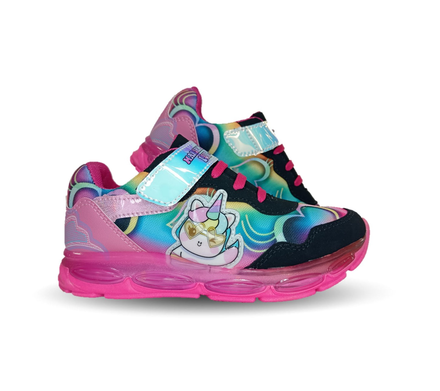 Tenis con luces Leds ajuste de agujetas y contactel Lux 10 581 Negro/Fiusha para niña