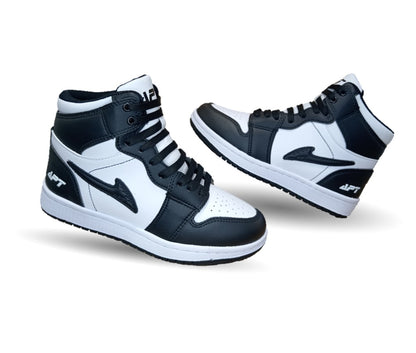 Tenis  Urbano tipo Bota de piel con agujetas Apt 409 Negro/Blanco Unisex para niño, niña, dama y junior