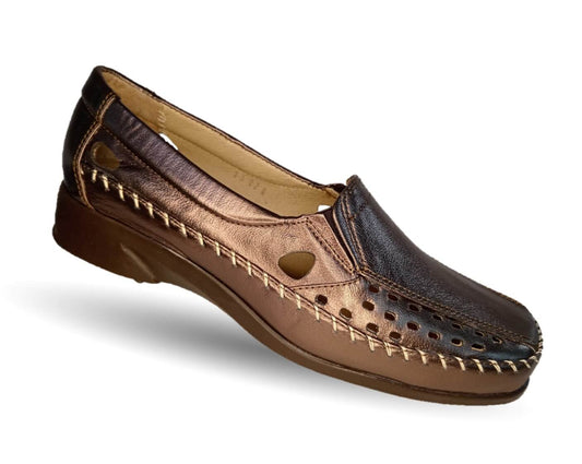 Zapato de Confort y Casual abierto de piel de ternera con Shock Point Capricho 15020 Bronce para mujer
