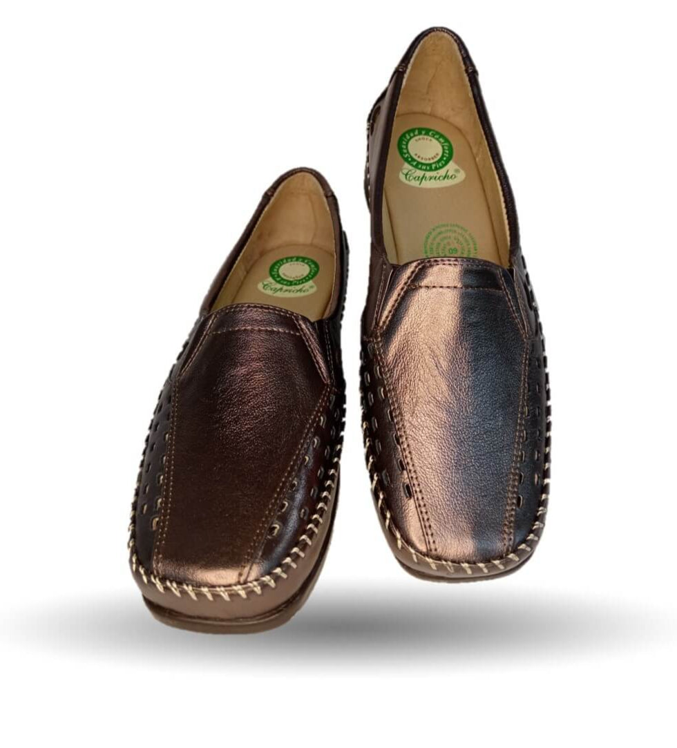 Zapato de Confort y Casual abierto de piel de ternera con Shock Point Capricho 15020 Bronce para mujer