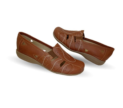 Zapato de Confort y Casual abierto de piel de ternera con Shock Point Capricho 21187 Brandy para mujer