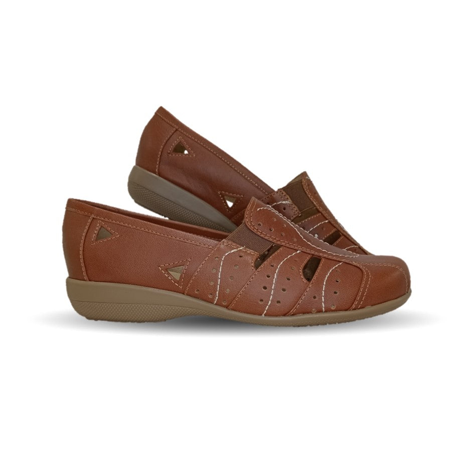 Zapato de Confort y Casual abierto de piel de ternera con Shock Point Capricho 21187 Brandy para mujer