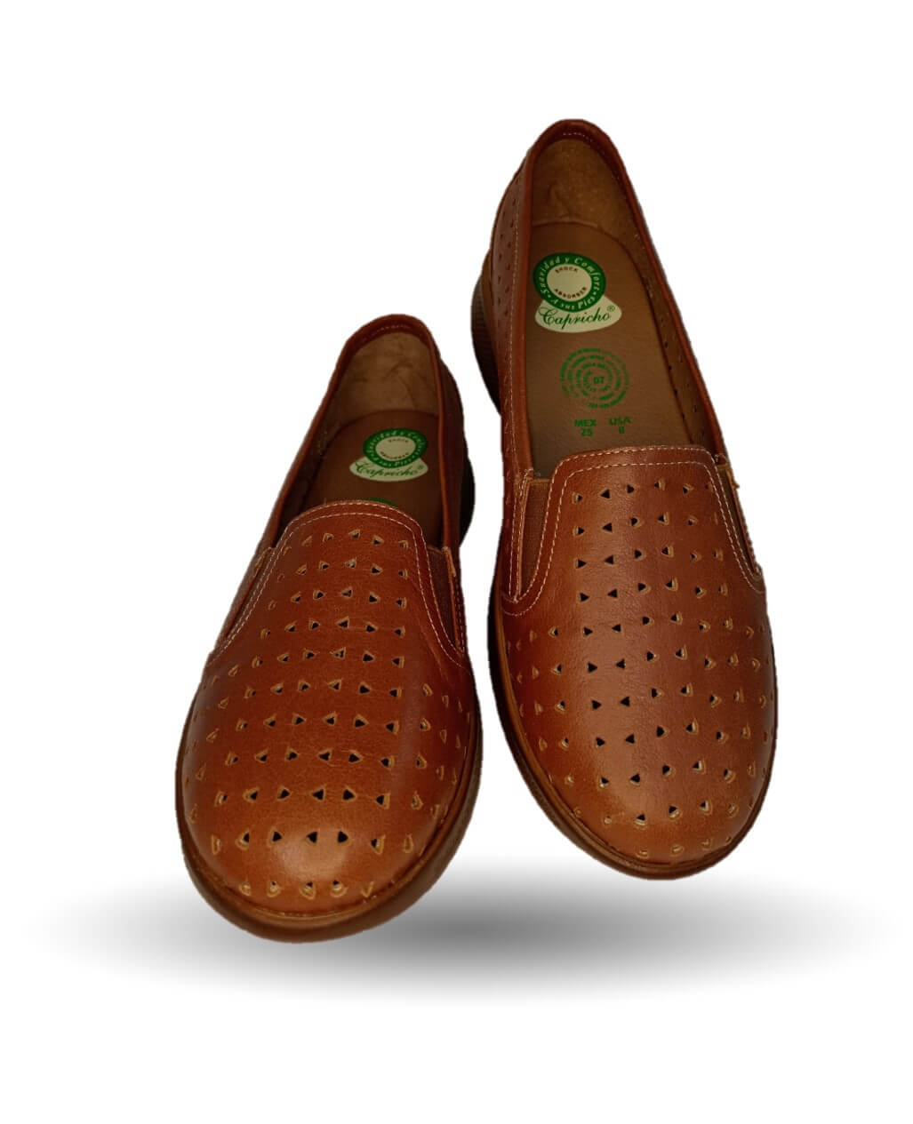 Zapato de Confort y Casual de piel de ternera con suela extra ligera y Shock Point Capricho 23017 Brandy para mujer