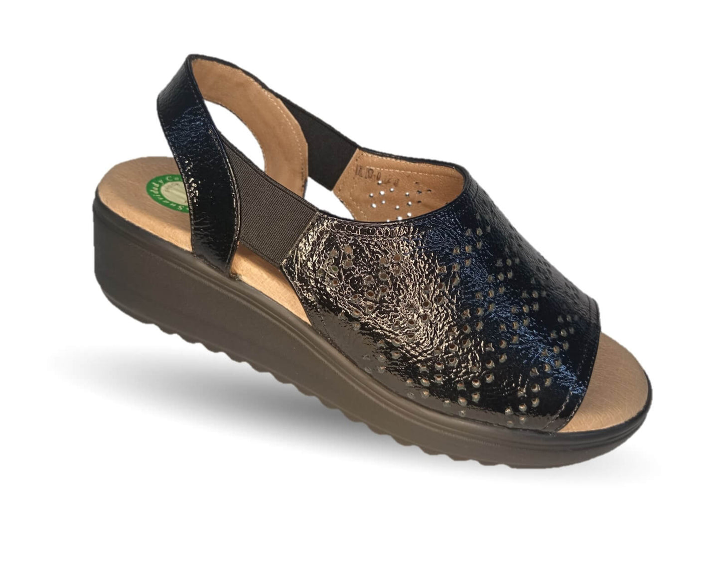 Sandalia de Confort de piel de ternera con Shock Point Capricho 70020 Charol Negro para mujer