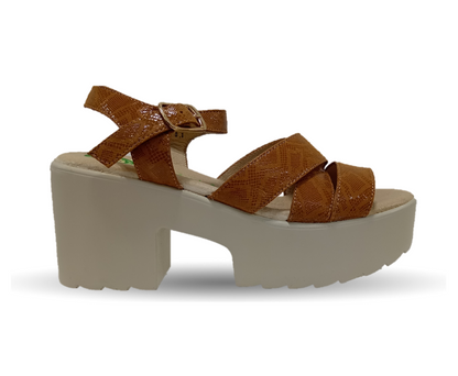 Sandalia de Confort de piel de ternera con Shock Point Capricho 82001 Serpiente Camel para mujer