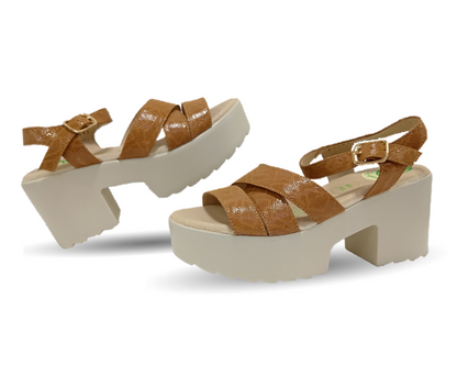 Sandalia de Confort de piel de ternera con Shock Point Capricho 82001 Serpiente Camel para mujer