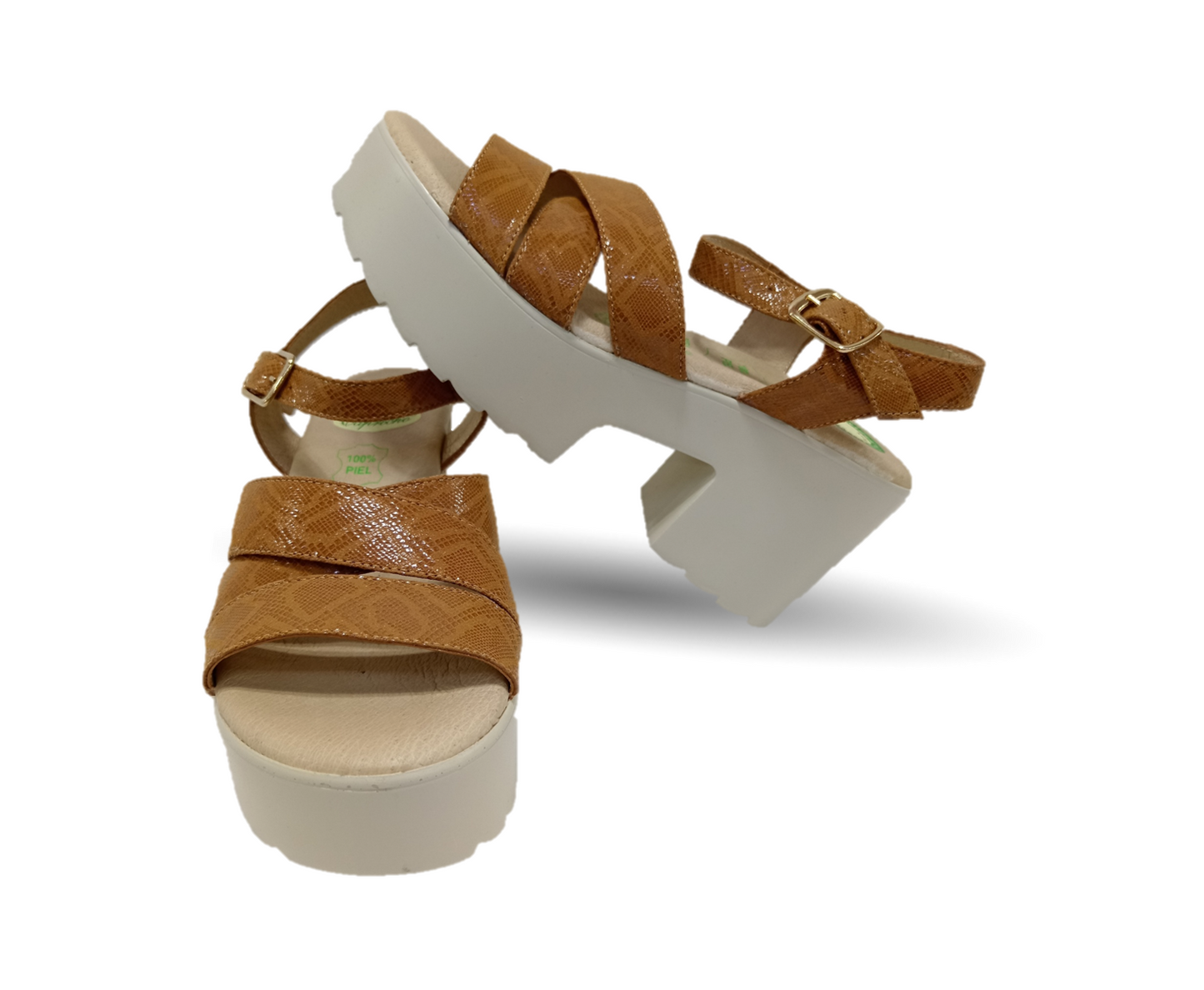 Sandalia de Confort de piel de ternera con Shock Point Capricho 82001 Serpiente Camel para mujer