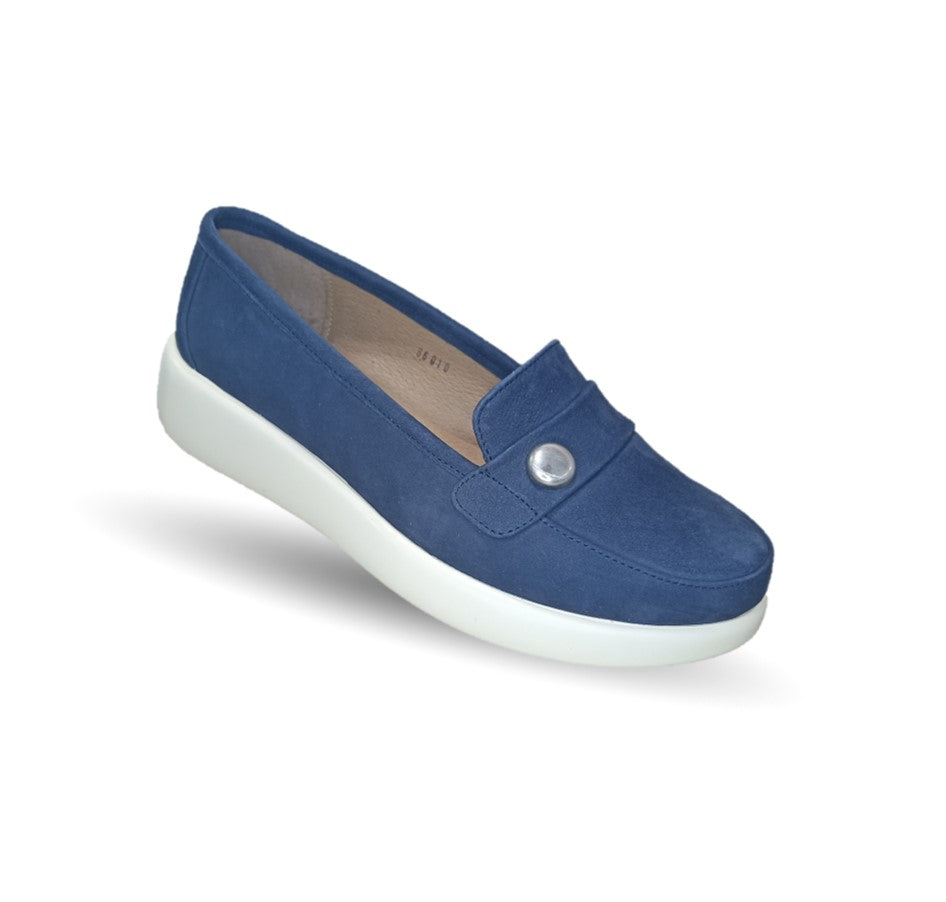 Zapato de Confort y Casual tipo mocasín de piel de ternera con Shock Point Capricho 86010 Azul Marino para mujer
