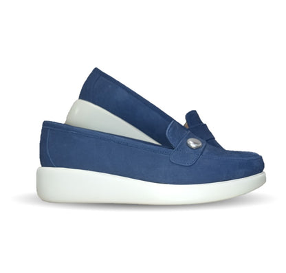 Zapato de Confort y Casual tipo mocasín de piel de ternera con Shock Point Capricho 86010 Azul Marino para mujer