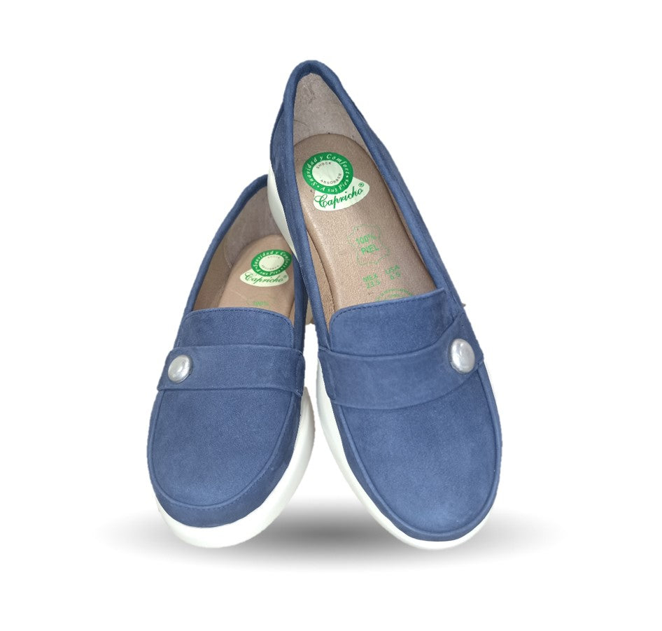 Zapato de Confort y Casual tipo mocasín de piel de ternera con Shock Point Capricho 86010 Azul Marino para mujer