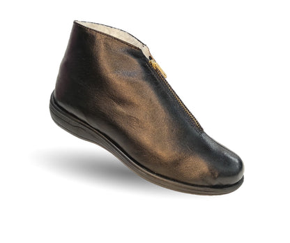 Pantufla de piel de cabra con forro de borrega y cierre frontal Cielo 25 Negro para mujer