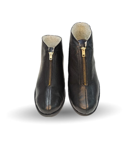 Pantufla de piel de cabra con forro de borrega y cierre frontal Cielo 25 Negro para mujer