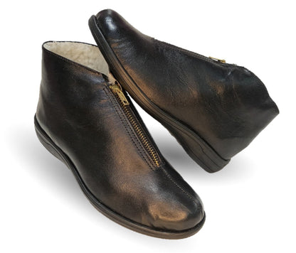 Pantufla de piel de cabra con forro de borrega y cierre frontal Cielo 25 Negro para mujer