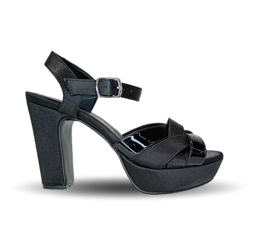 Sandalia con tacón medio D' Carol 5509 Shantung Negro/Charol Negro para mujer