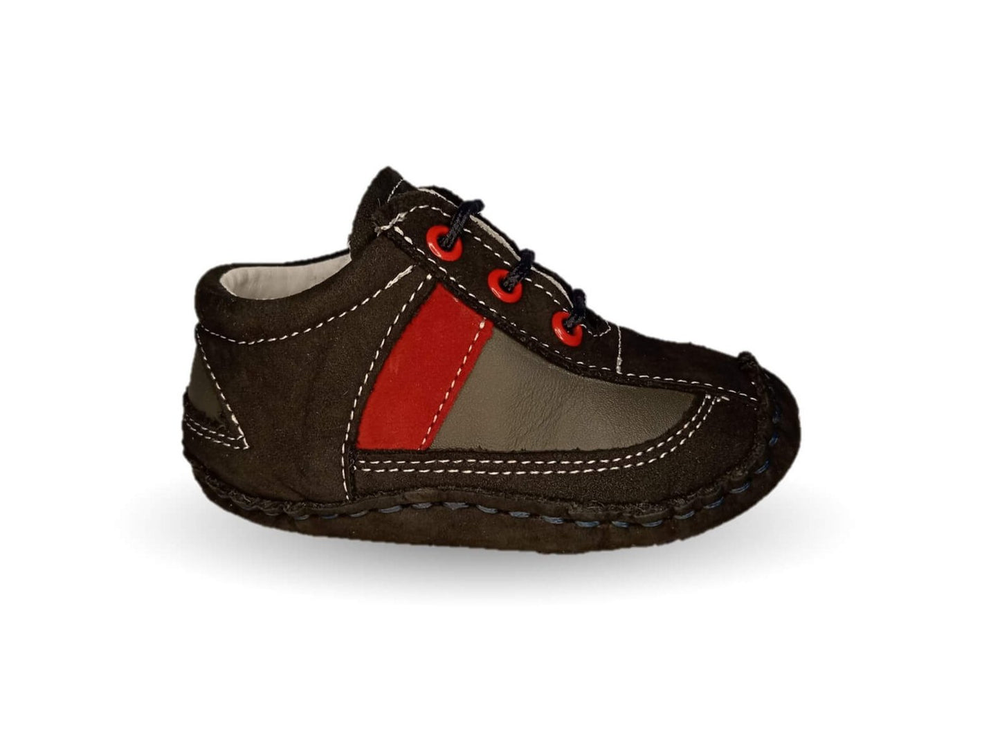 Zapatos para bebé de piel con agujetas Delin Kids 203 Nobuck Marino/Gris/Rojo para niño