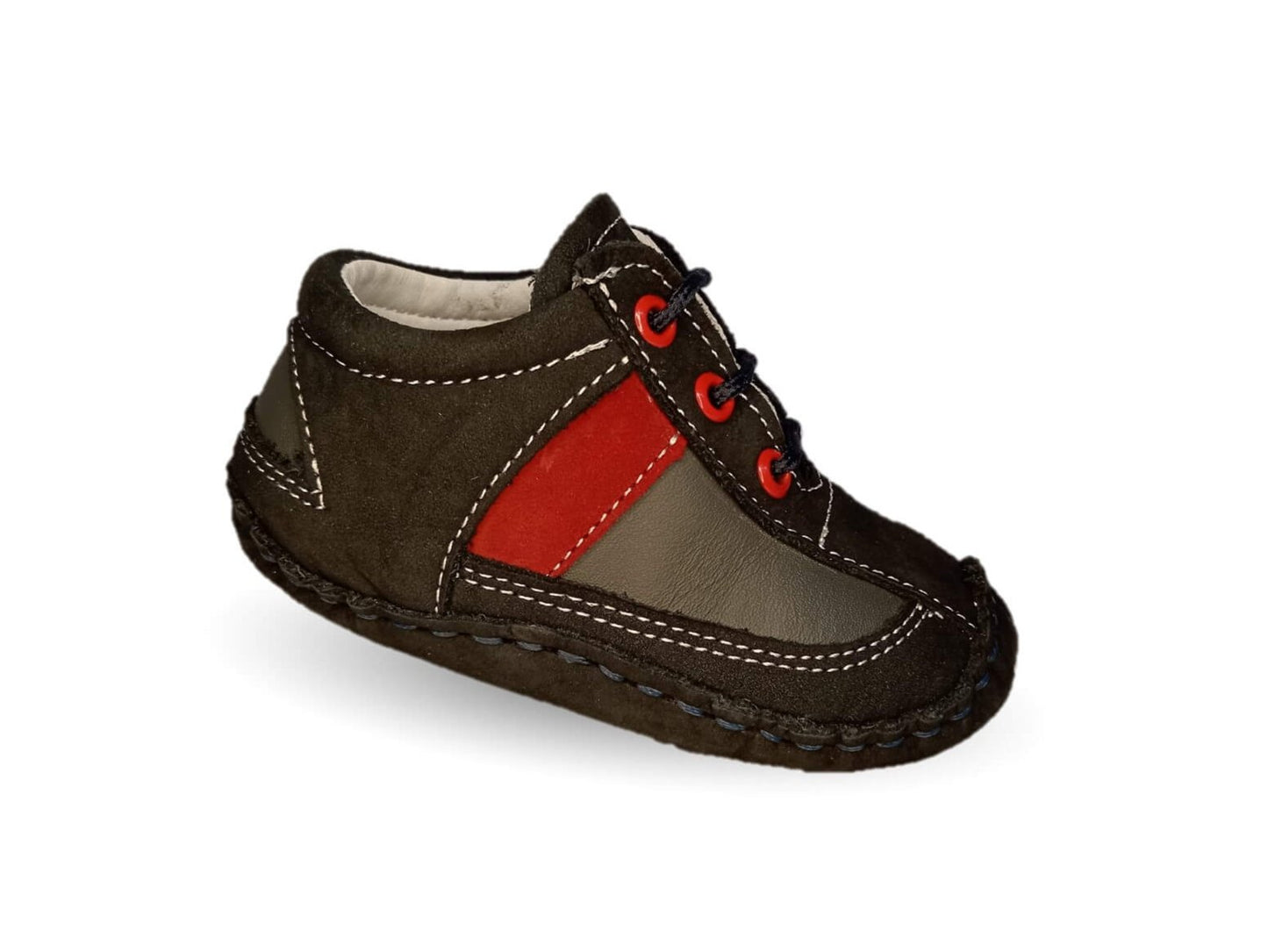 Zapatos para bebé de piel con agujetas Delin Kids 203 Nobuck Marino/Gris/Rojo para niño