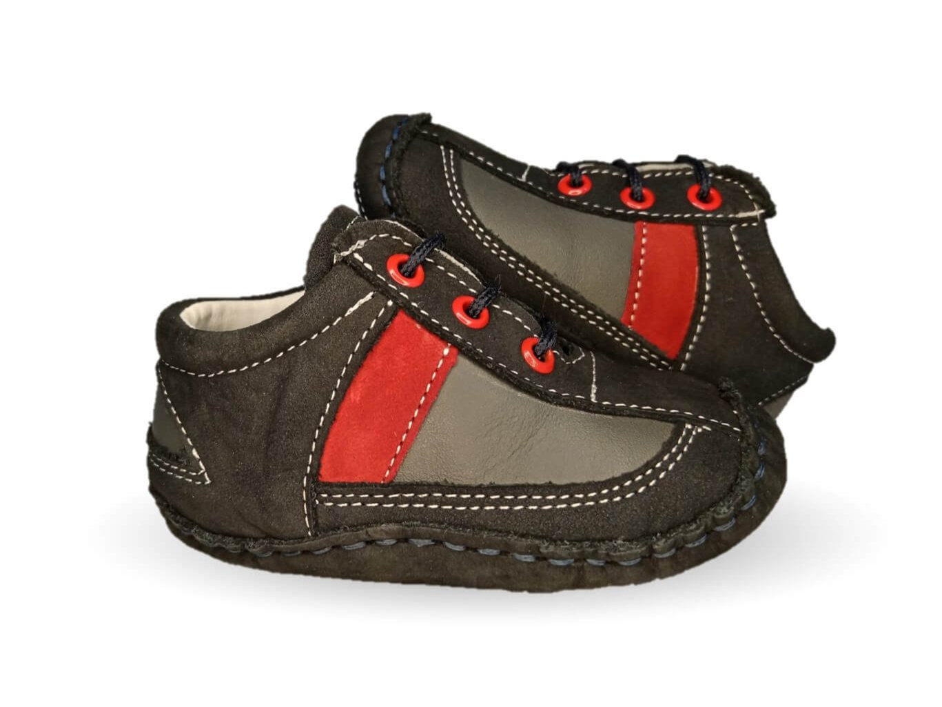 Zapatos para bebé de piel con agujetas Delin Kids 203 Nobuck Marino/Gris/Rojo para niño