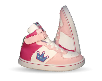 Tenis Urbano tipo Bota con agujetas y contactel Diselfy 100 Rosa/Blanco para niña