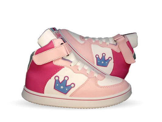 Tenis Urbano tipo Bota con agujetas y contactel Diselfy 100 Rosa/Blanco para niña