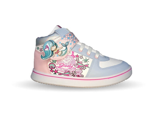 Tenis Urbano tipo Bota con agujetas y contactel Diselfy 120 Azul/Blanco para niña