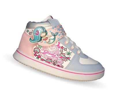 Tenis Urbano tipo Bota con agujetas y contactel Diselfy 120 Azul/Blanco para niña