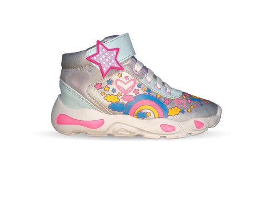 Tenis Urbano tipo Bota con agujetas y contactel Diselfy 130 Plata/Azul para niña