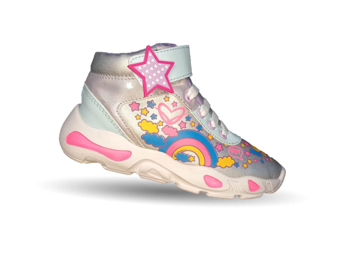 Tenis Urbano tipo Bota con agujetas y contactel Diselfy 130 Plata/Azul para niña