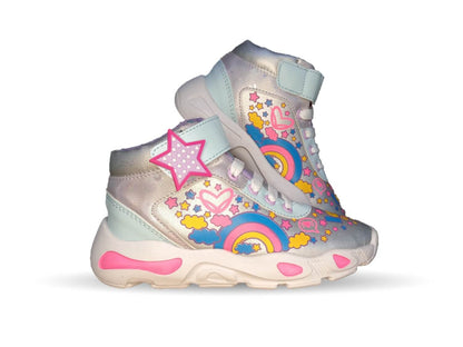 Tenis Urbano tipo Bota con agujetas y contactel Diselfy 130 Plata/Azul para niña
