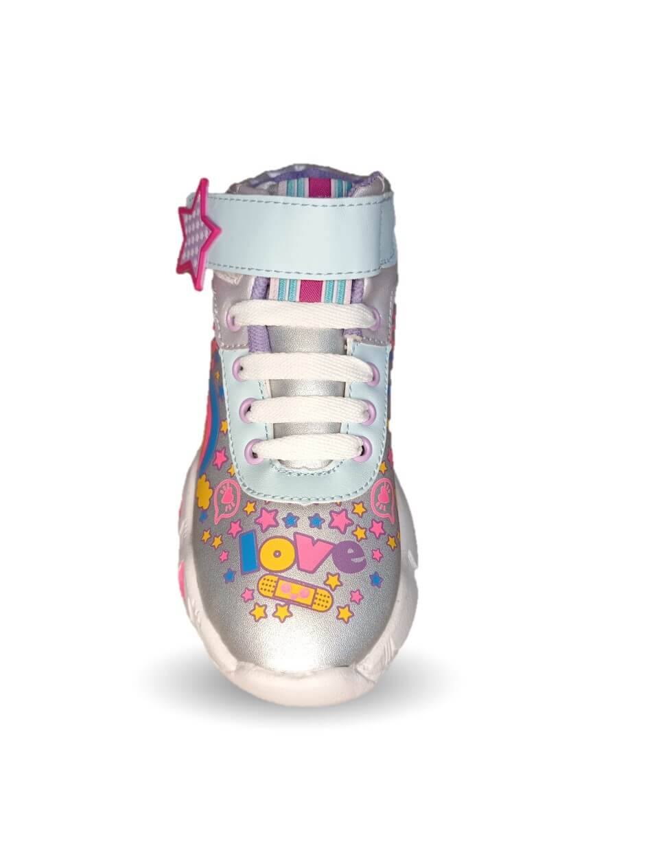 Tenis Urbano tipo Bota con agujetas y contactel Diselfy 130 Plata/Azul para niña