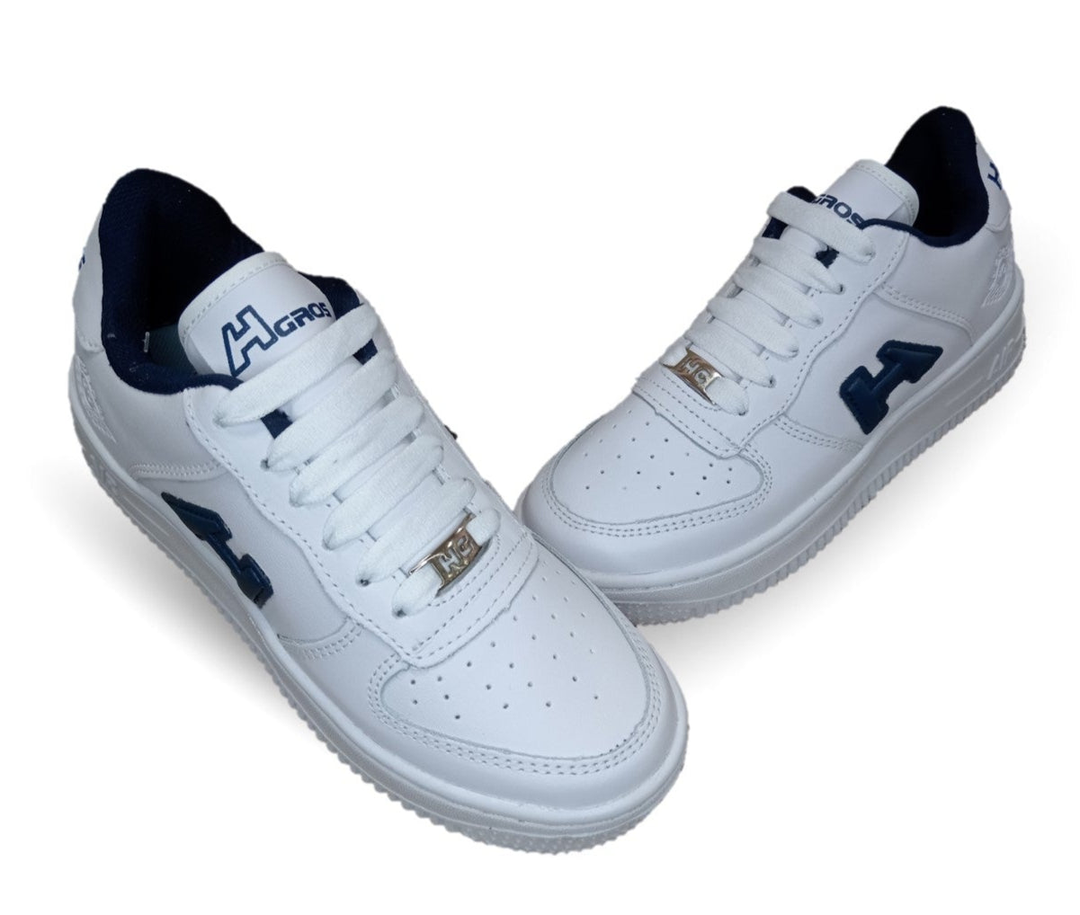 Tenis Urbano y Escolar de piel con agujetas H Gros 238 Blanco/Marino Unisex para joven, mujer y hombre