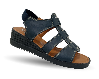 Sandalia Casual de piel con cuña baja Hannia 110 Azul para mujer