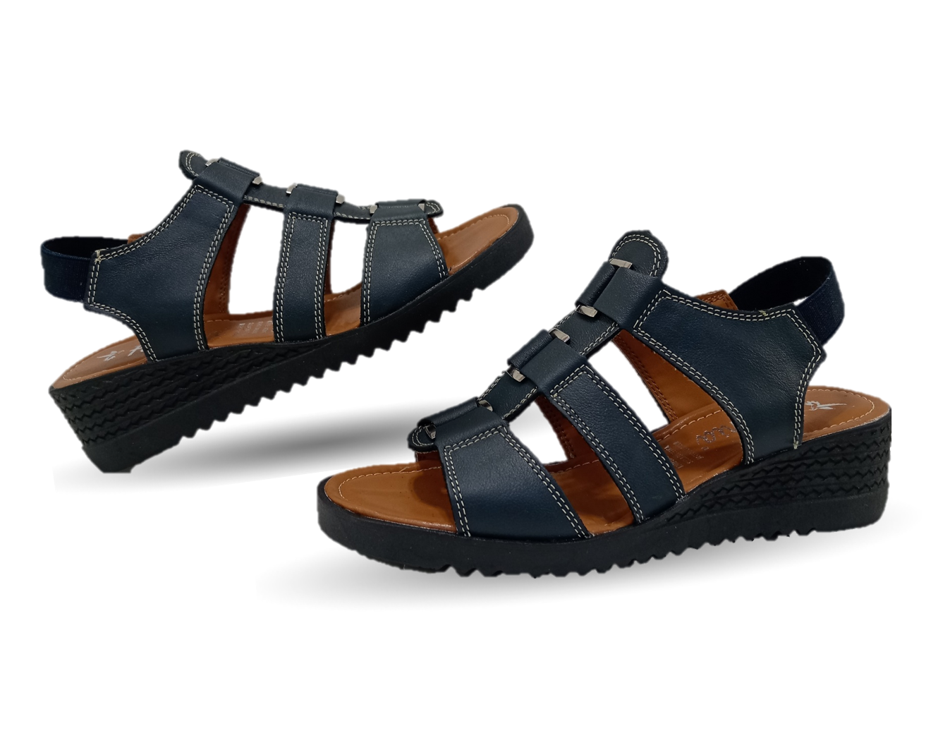 Sandalia Casual de piel con cuña baja Hannia 110 Azul para mujer