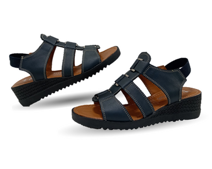 Sandalia Casual de piel con cuña baja Hannia 110 Azul para mujer