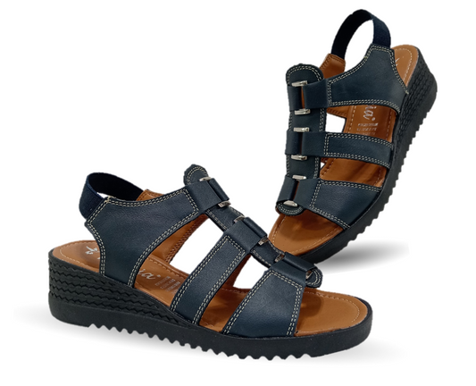 Sandalia Casual de piel con cuña baja Hannia 110 Azul para mujer