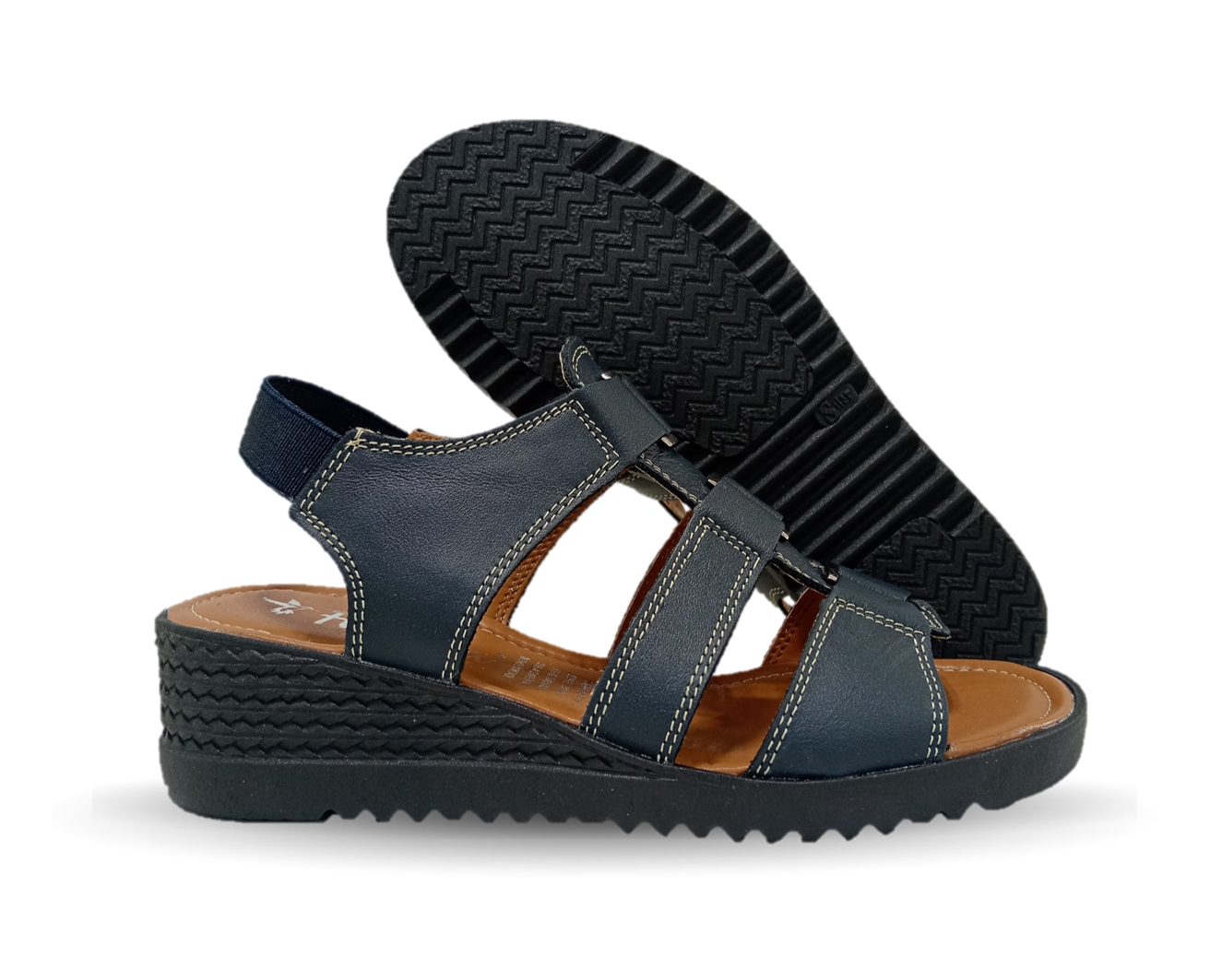 Sandalia Casual de piel con cuña baja Hannia 110 Azul para mujer