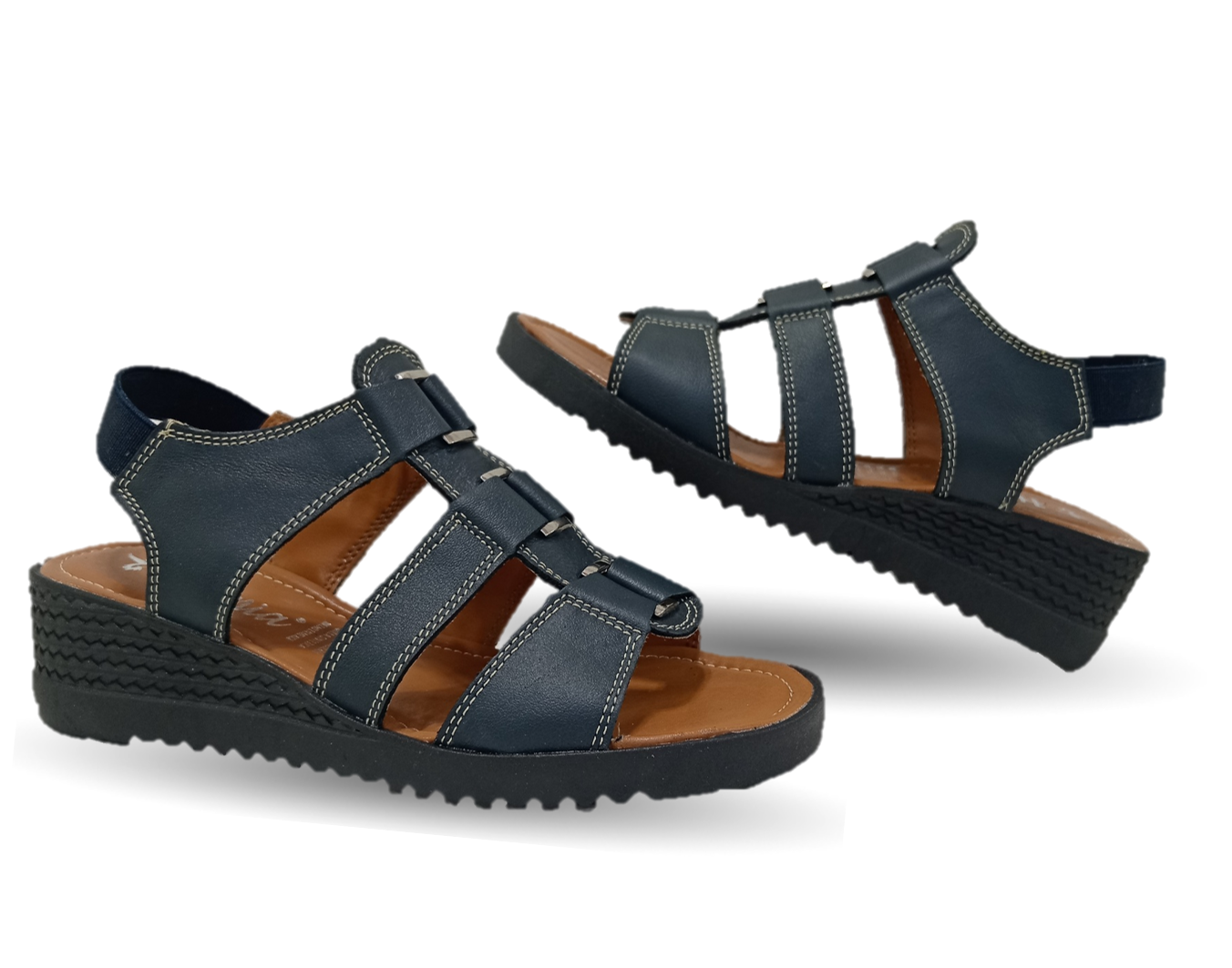 Sandalia Casual de piel con cuña baja Hannia 110 Azul para mujer