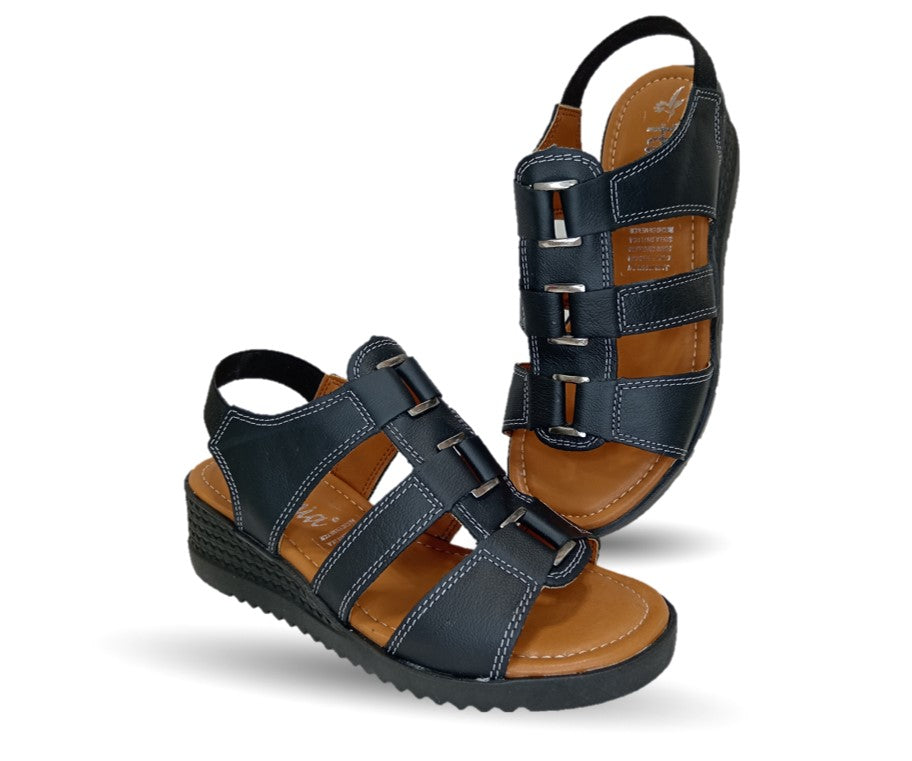 Sandalia Casual de piel con cuña baja Hannia 110 Negro para mujer