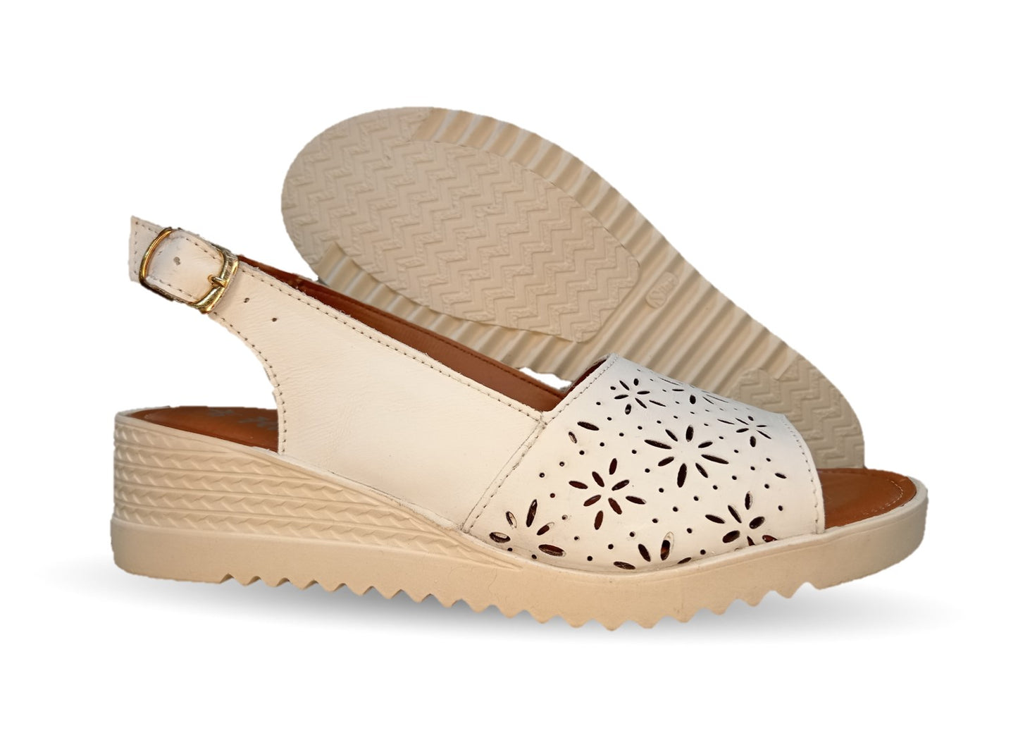 Sandalia de piel con cuña baja Hannia 117 Blanco para mujer